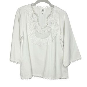 dRA Los Angeles Shirt Womens XS White Eyelet Ruffle Lace Boho 3/4 Sleeve Cotton